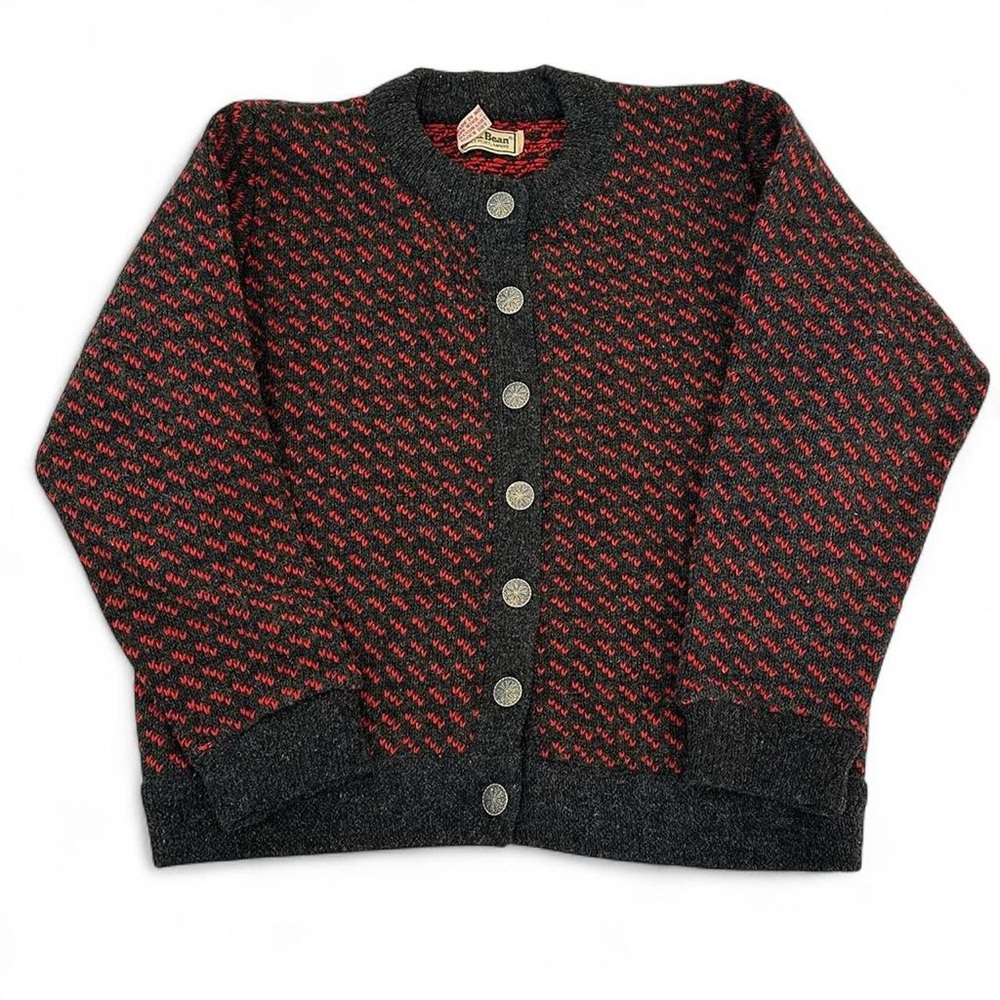 Vintage LL BEAN Birdseye Button Sweater Medium Wool Rayon Norway Winter Grey Red
